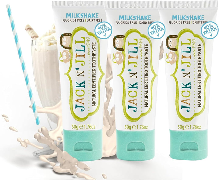 Jack N’ Jill Natural Certified Kids Toothpaste – Fluoride-Free Toddler & Baby Toothpaste with 40% Xylitol, No Sugar, Suitable from 6 Months+, Banana & Strawberry Flavour, Pack of 2 (50G Each)