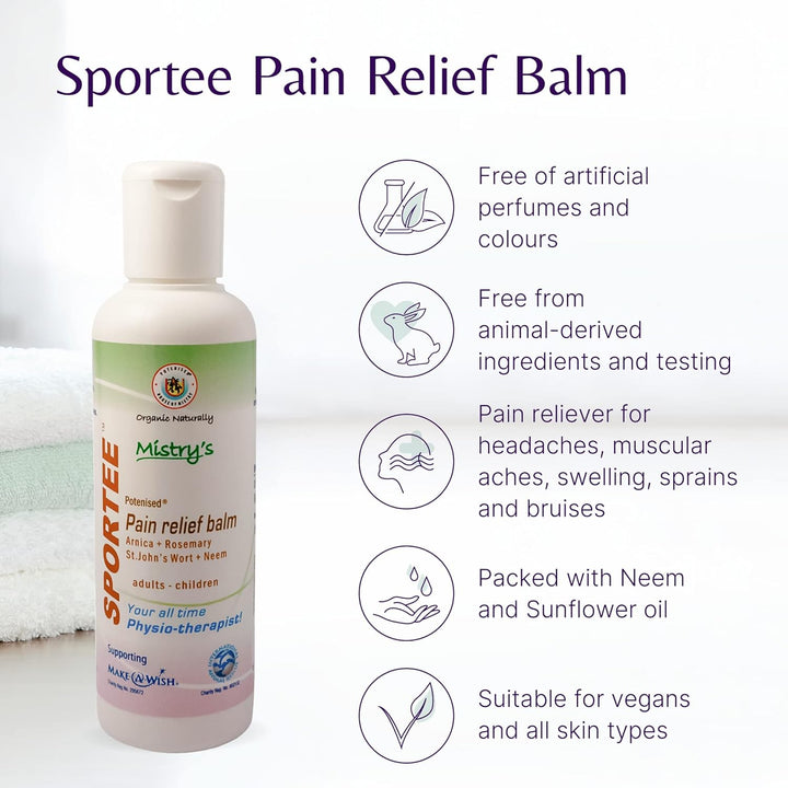 Mistry'S Sportee Pain Relief Balm, 100Ml - Healing & Soothing, Gentle for Headaches, Muscular Aches, Sprains, Swelling, Bumps & Bruises - Additive Free, Vegan