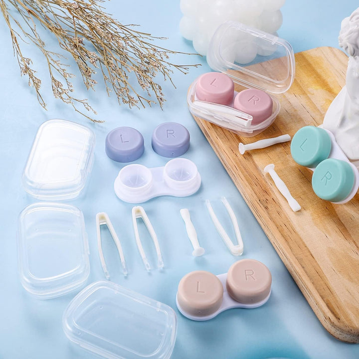 4 Pack Contact Lens Cases, Contact Lens Container Box Portable Travel Contact Lens Case Left/Right Eyes Contact Lens Holder with Storage Box Tweezers Wearing Stick