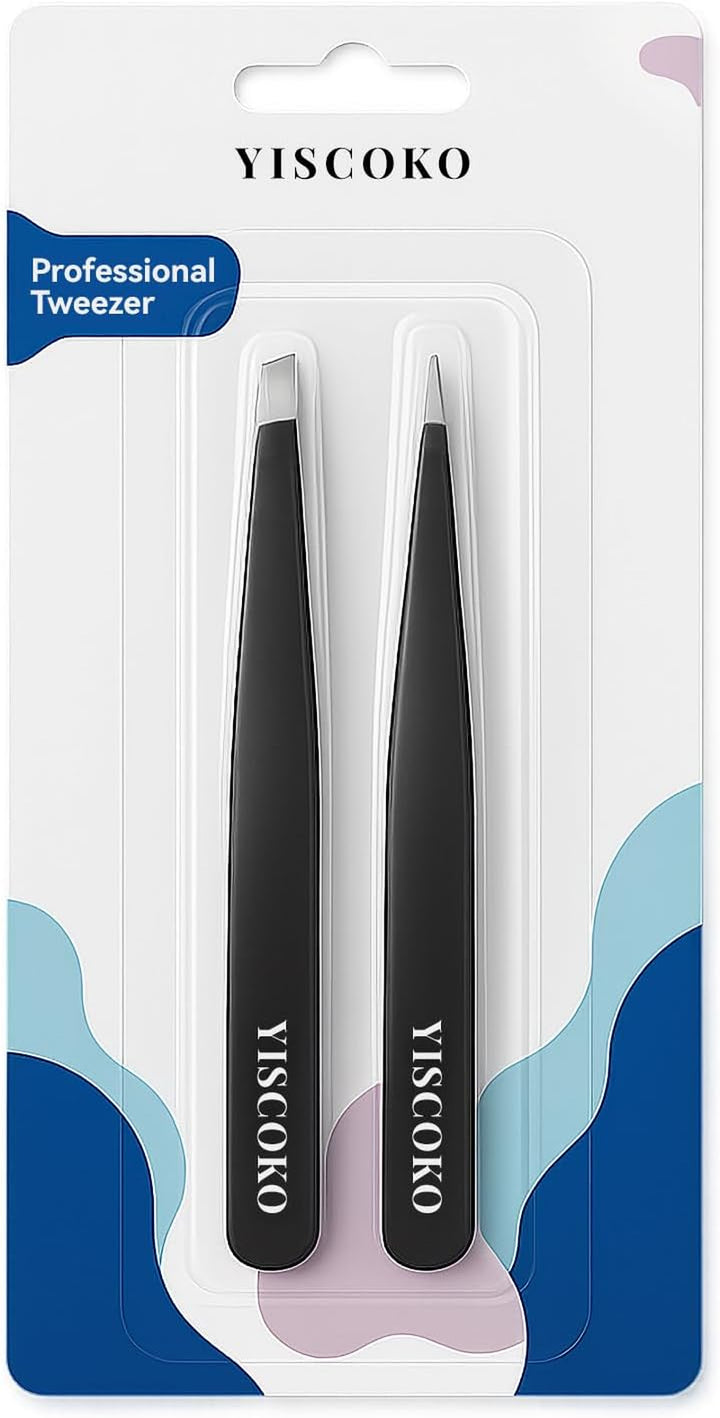 Professional Tweezers for Facial Hair Women,Stainless Steel Eyebrow Tweezers (2 Pcs,Black)