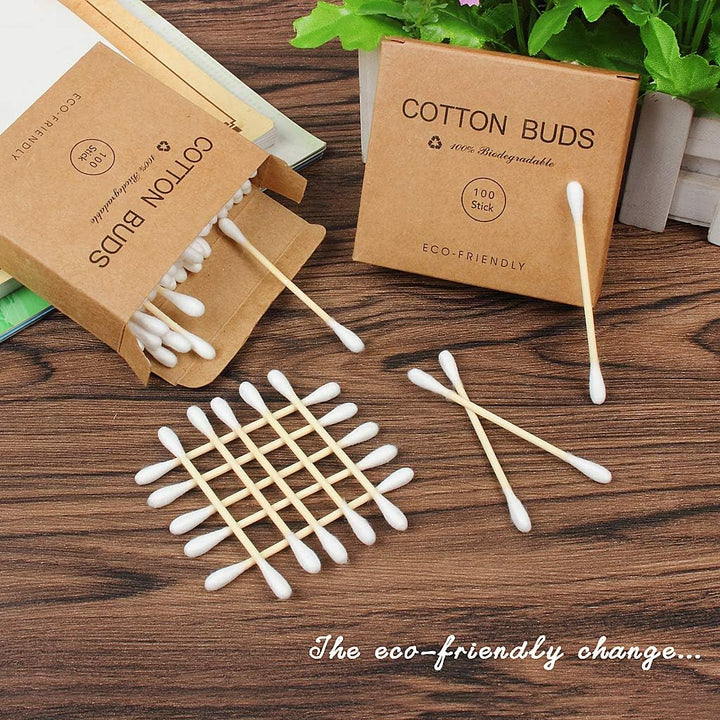 Bamboo Cotton Buds, 200 PCS (2 X 100) Eco-Friendly Cotton Ear Buds Swabs with Bamboo Handle - Recyclable and Biodegradable Cotton Swabs for Cleaning Ear Makeup Wound