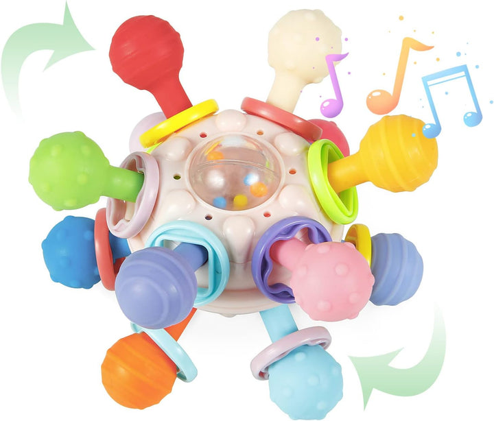 Baby Sensory Toys for 0-6 Months, Silicone Teething Toy with Grasping Activity, Infant Rattle Teether, BPA Free