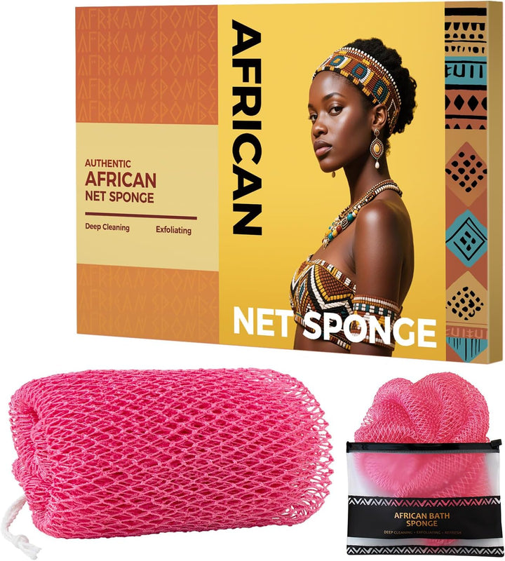African Net Sponge Authentic - 2 Pieces Body Back Scrubber Bath Sponge with Knots - Afro Loofah Exfoliating Wash Cloth for Shower - African Body Care Daily Use Bathing Accessories