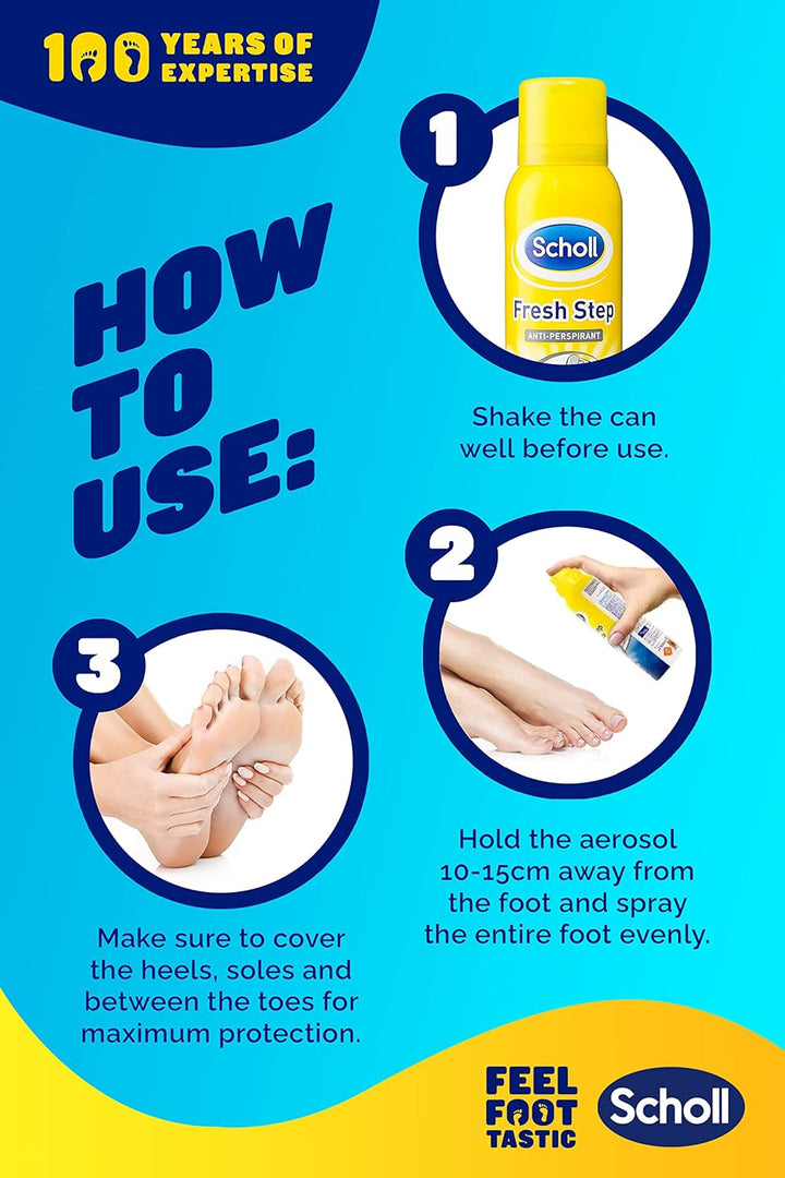 Scholl Fresh Step Antiperspirant Spray, 96G - anti Odour Shoe Spray, up to 24 Hour Freshness, Tri-Active Formula, Pack of 1