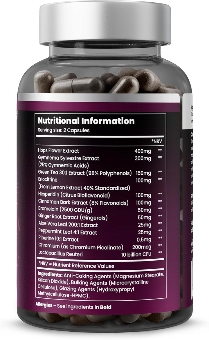 Gut & Metabolic Balance – Natural Appetite & Digestive Support with Hops Flower, Citrus Extracts, Green Tea, Gymnema & Chromium – 60 Vegan Capsules