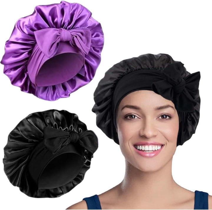 2PCS Satin Bonnet, Silk Bonnet Hair Wrap for Sleeping, Hair Bonnet for Bath, Tie Band for Women Long Curly Braid Hair (Black, Pink)