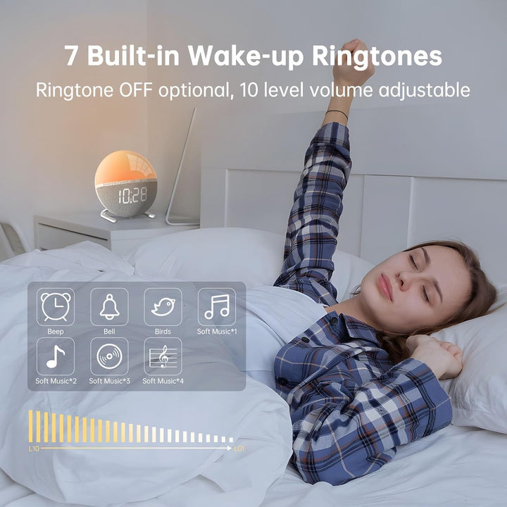 Sunrise Digital Alarm Clock, Wake up Light with Sunrise Simulation, Sunlight Alarm Clock Multicolor Bedside Lamps, Snooze, 9 Colors Night Light, 7 Ringtones, Sleep Aid, Gift for Kids, Adults
