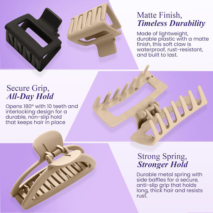 Hair Claw Clips Women & Girls - 8 Pcs Large & Small Non-Slip Matte Hair Clips in Beige & Black - Stylish Claw Clips Set for All Hair Types