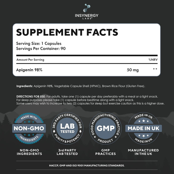 Apigenin 3 Month Supply (98% Purity) Superior Chamomile Apigenin 90 Vegan Caps, Sleep Supplement, Relaxation Support, NAD+ Booster, Sleep Aid Relaxation & Mood