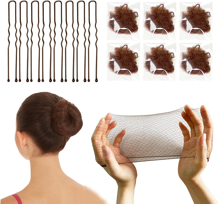 Brown Hair Nets for Buns Kit - 50PCS 50Cm Ballet Bun Nets and 10 PCS U Shaped Bobby Pins, Individual Package, Elastic Edge Mesh for Girls Women Dance Catering Working