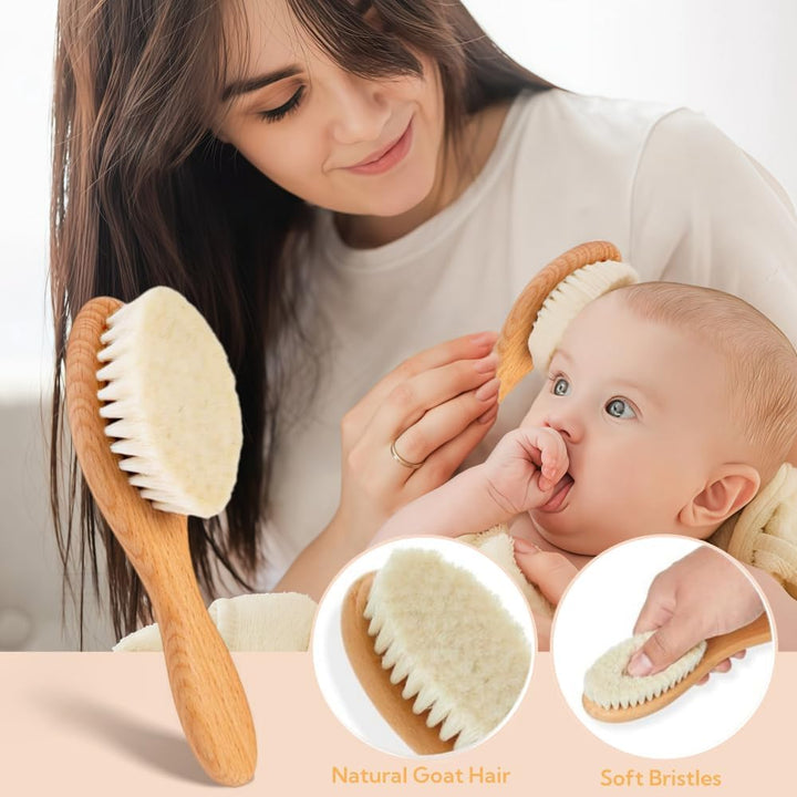 Baby Hair Brush and Comb Set - 4Pcs Toddler Hair Brush with Soft Bristles, Natural Wooden Handle Baby Grooming Kit for Newborns, Baby Essentials, Cradle Cap Brush