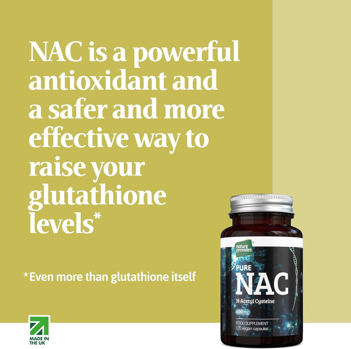 NAC N-Acetyl Cysteine (Free Form) 600Mg - 120 Vegan Capsules, High Grade and Stable, 100% Pure - No Fillers/Buffers/Flow Agents, UK Made by