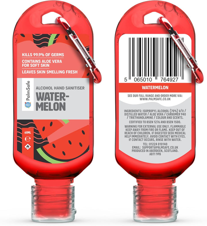 Watermelon 60Ml anti Bacterial Premium Hand Sanitiser Travel Size Refillable Clip Bottle Quick Drying Non Sticky Extra Moisturising Kills 99.9% of Viruses and Bacteria