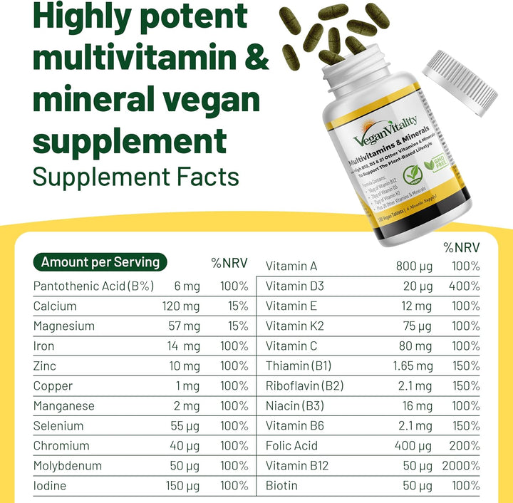 Vegan Multivitamins & Minerals with High Strength Vitamin B12, D3 & K2. 180 Multivitamin Tablets - 6 Months Supply. Designed for Vegans & Vegetarians.