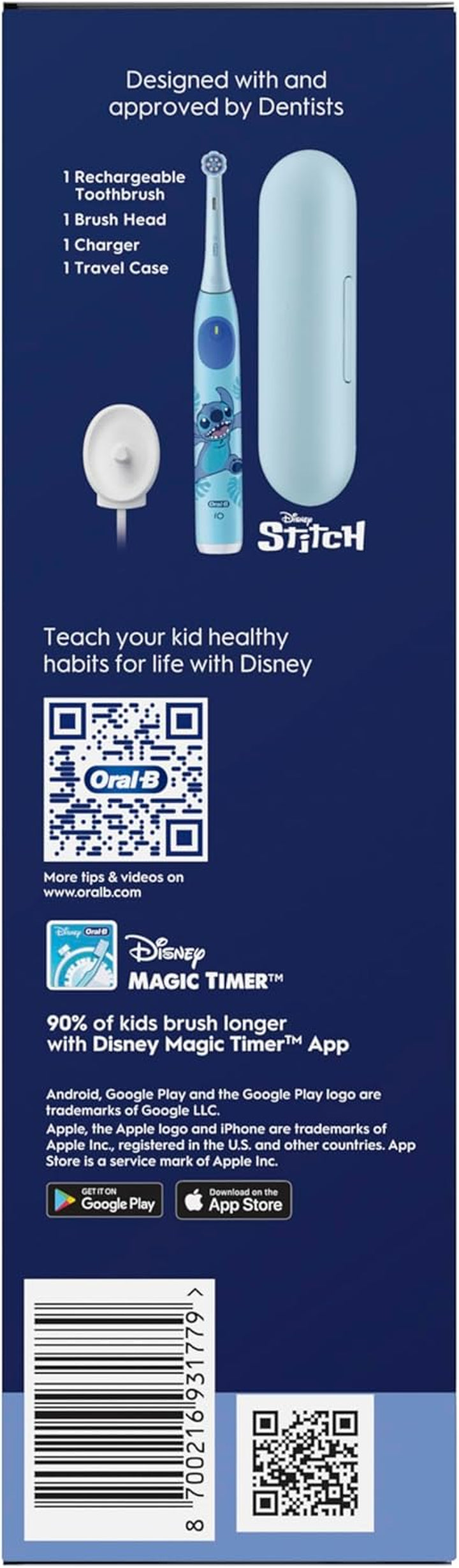 Io Kids Disney Stitch Electric Toothbrush, 1 Toothbrush Head, 1 Travel Case, 3 Modes with Kid-Friendly Sensitive Mode, 2-Min Music Timer, for Ages 6+