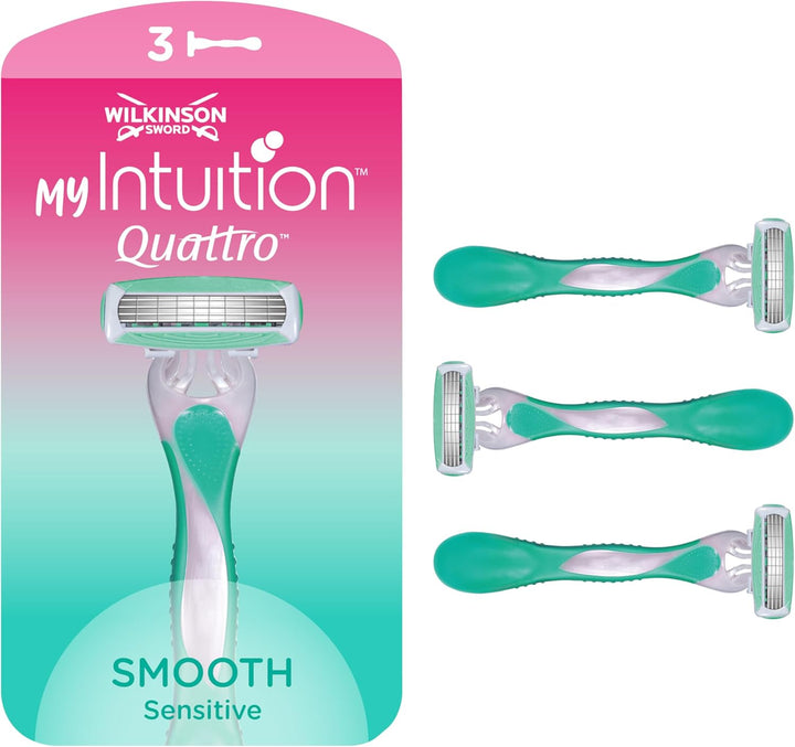 Wilkinson Myintuition Smooth Sensitive Quattro Women’S Disposable Razors, Hair Removal, Touch of Aloe Vera, Shavers for Routine Grooming, 3 Pack