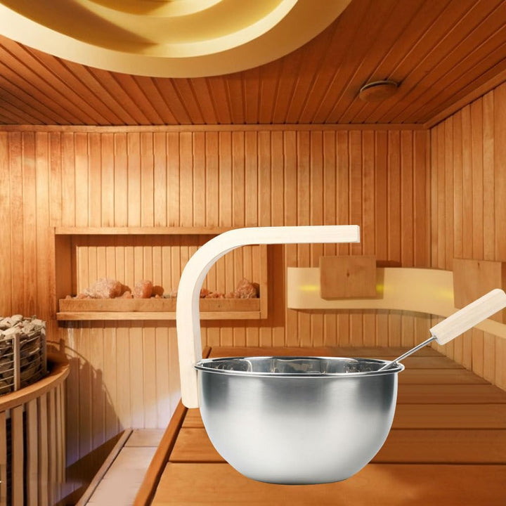 Sauna Bucket - Sauna Aroma Bowl 4L | Stainless Steel Saunaa Bucket with Ladle | Saunaa Accessory Set | Wooden Handle for Turkish Baths | Perr the Bath for the Bath