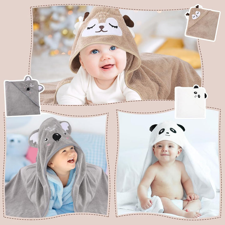3 Pcs Hooded Baby Towel Set, Ultra Soft Baby Towels Newborn with Hood, Toddler Bath Towel, Cute Animal Design Absorbent Baby Bath Towels for Newborn Baby Boys and Girls, 80X80Cm