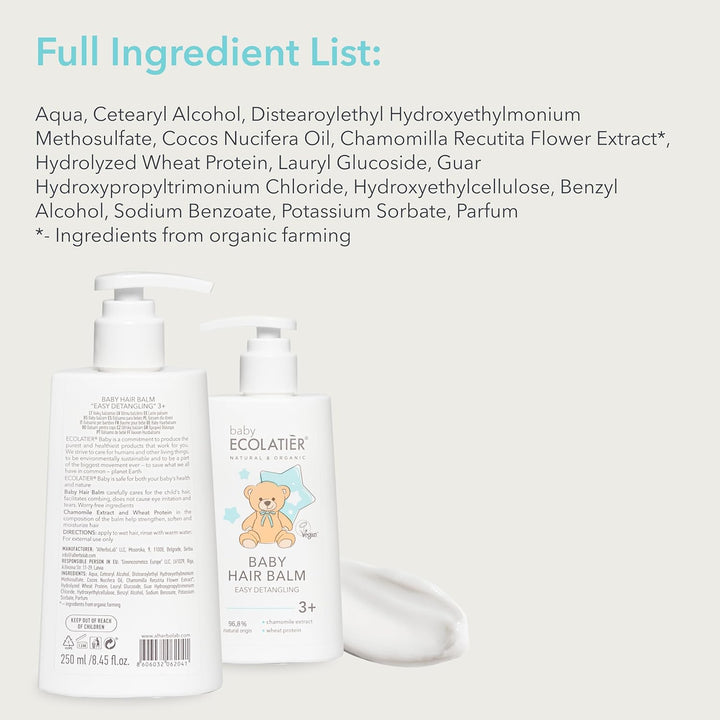 Baby Hair Balm Easy Detangling 3+ - Kids Conditioner with 96.8% Natural Ingredients, Vegan Certified, Gentle Hair Conditioner for Children and Babies, Hair Balm for Soft Hair, 250 Ml