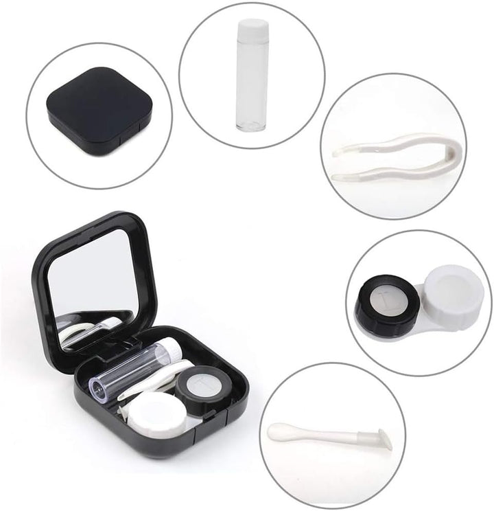 Contact Lens Case with Mirror - Contact Lens Box Holder Container, Outdoor Mini Contact Lens Soak Storage Kit with L and R Caps for Travel & Home (Black)