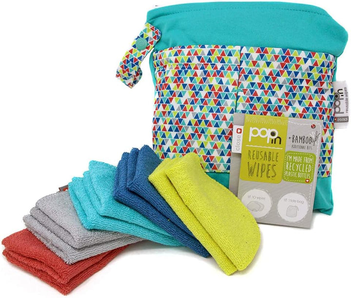 Pop-In Reusable Bamboo Wipes - 10 X Washable Baby Wipes 20X15Cm Pastel Colours Extra Soft & Reusable for Baby'S Hands & Face