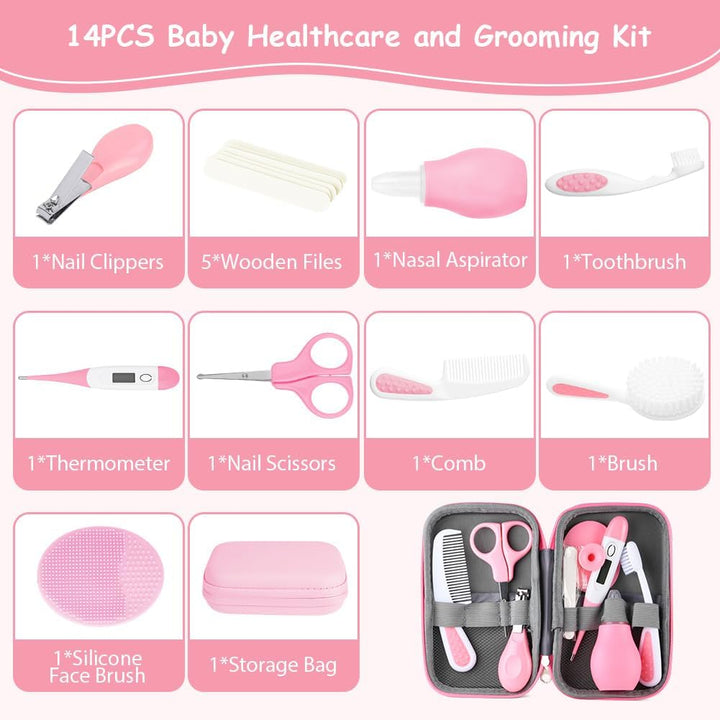 Baby Healthcare and Grooming Kit, Newborn Baby Care Accessories with Hair Brush, Comb, Nail Clippers, Thermometer, for Newborn Girls Boys(14 in 1, Pink)