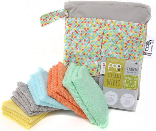 Pop-In Reusable Bamboo Wipes - 10 X Washable Baby Wipes 20X15Cm Pastel Colours Extra Soft & Reusable for Baby'S Hands & Face