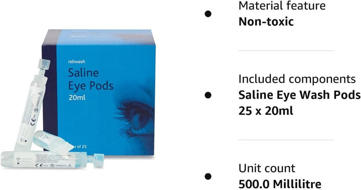 Reliwash Sterile Saline Eye Wash Solution Pods - 1 X 25 X 20Ml First Aid Eyewash Drops - Contains Sodium Chloride
