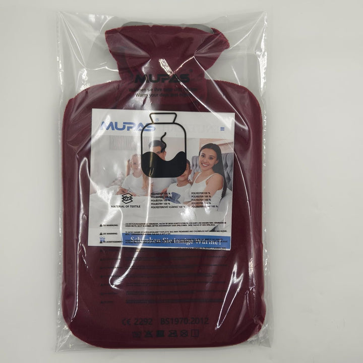 Hot Water Bottle with Fleece Cover - 2L Large Leakproof Hot Water Bag - Soft Hot Water Bottle with Hand Pocket and Natural Rubber -For Hands, Feet, Shoulders, Neck, Abdomen, Legs (Red)