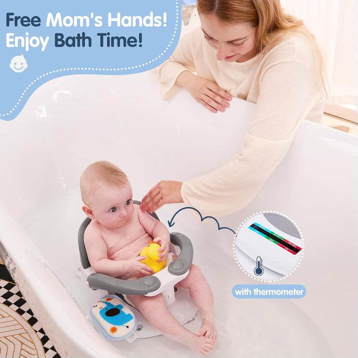 Baby Bath Seat for Babies 6 Months & up with Thermometer Sticker, One-Touch Button for Easy Armrest Opening, Baby Sit up Bath Chair (Gray)