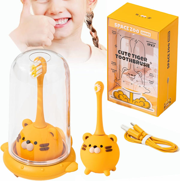 Snoic Rechargeable Kids Electrical Toothbrush with Cup, Smart Powerful Cute Tiger Girls Boys Toothbrushes with 2-Min Timer 3 Modes for 2-10Y Children Birthday Gifts