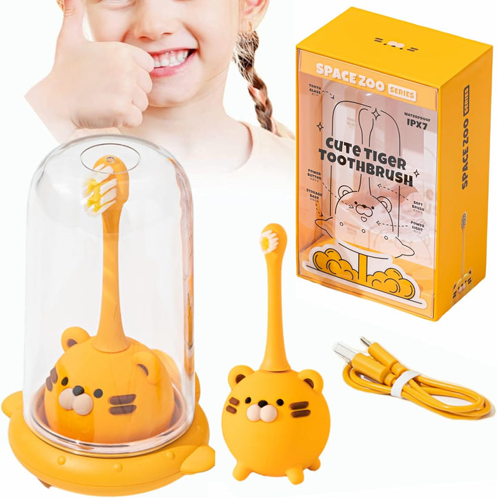 Snoic Rechargeable Kids Electrical Toothbrush with Cup, Smart Powerful Cute Tiger Girls Boys Toothbrushes with 2-Min Timer 3 Modes for 2-10Y Children Birthday Gifts