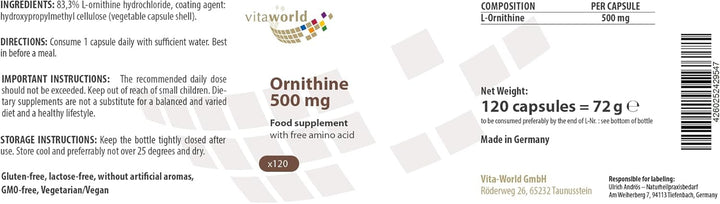 L-Ornithine 500Mg 120 Vegetarian Capsules Made in Germany