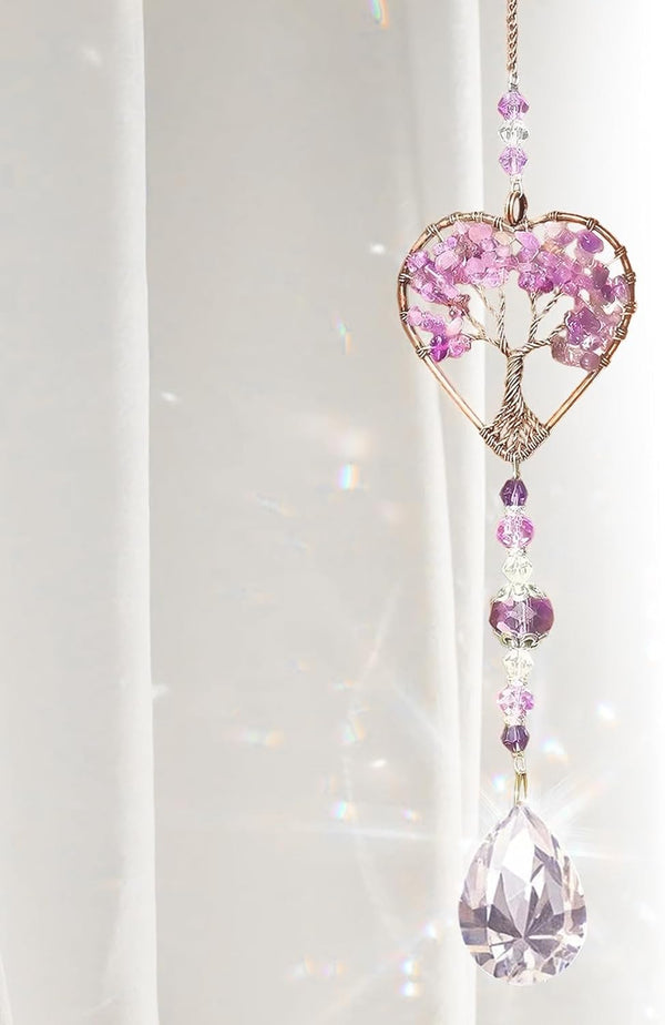 Tree of Life Amethyst Sun Catchers – Natural Chakra Healing Crystal Window Decor, Spiritual Gift for Women & Girls, Rainbow Maker with Quartz Gemstone Pendant, Unique Home & Garden Ornamen