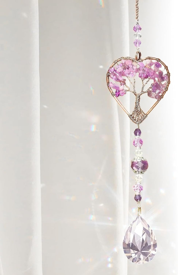 Tree of Life Amethyst Sun Catchers – Natural Chakra Healing Crystal Window Decor, Spiritual Gift for Women & Girls, Rainbow Maker with Quartz Gemstone Pendant, Unique Home & Garden Ornamen