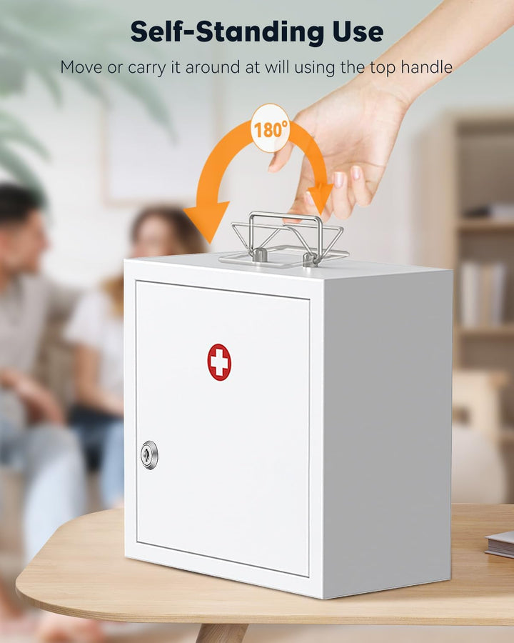 Wall Mount Medicine Cabinet with Key Lock & Handle Locking First Aid Lockable Medical Storage Box Medium Medicine Organizer Secure Steel Wall Cabinet Metal Storage Box, White