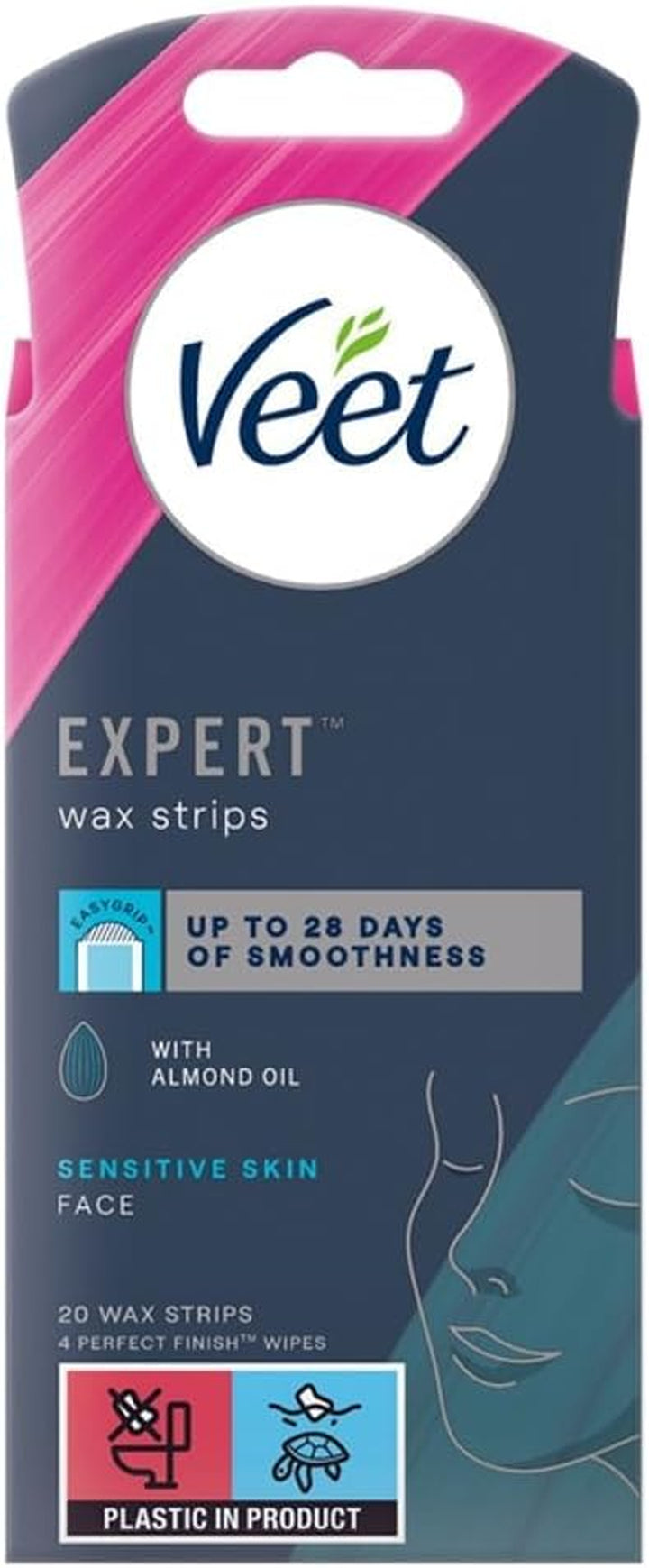 Expert Waxing Strips for Sensitive Skin - 20 Cold Wax Strips & 4 Finish Wipes for Eyebrow, Facial Hair Removal - Hydrating, Exfoliating, Ideal for Face