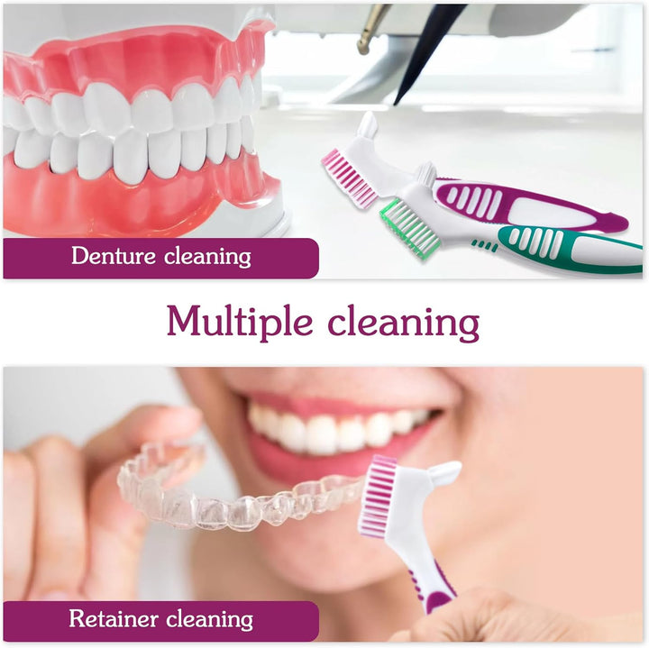 Denture Brush, 2 Pcs False Teeth Toothbrush with White Carrying Case, Multi-Tiered Bristles with Comfort Grip Handle for Effective Denture Cleaning