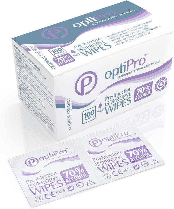 Optipro Pre-Injection Wipes (X100) - Individually Wrapped Disposable Medical Skin Cleaning Easy-Tear 70% Isopropyl Alcohol Sachet (100 Wipes) (Packaging May Vary) (100 Wipes)
