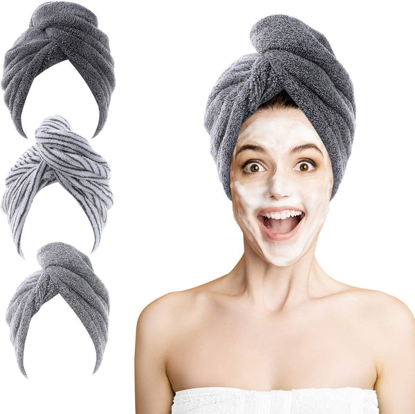 Microfibre Hair Towel Wrap, 3 Pack Hair Turban Towel 65X25 Cm, Soft and anti Frizz Head Towel, Super Absorbent Quick Drying Curly Hair Towel for Women Girl Wet Long Thick Hair