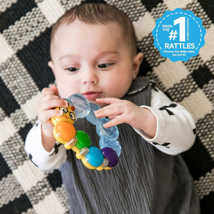 , Teether-Pillar Rattle and Chill Teething Aid Toy, Soothing Relief, Multisensory Stimulation, Massages Sore Gums, Easy to Hold, Water Filled, Ages 3 Months +