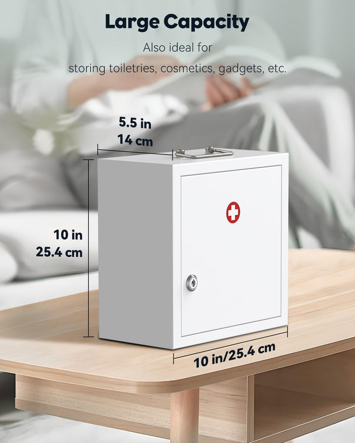 Wall Mount Medicine Cabinet with Key Lock & Handle Locking First Aid Lockable Medical Storage Box Medium Medicine Organizer Secure Steel Wall Cabinet Metal Storage Box, White