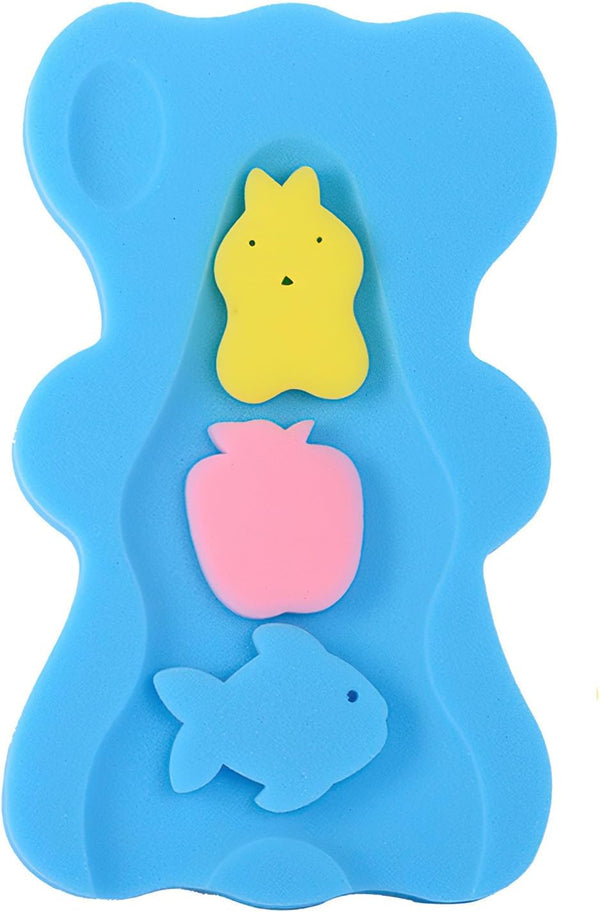 Baby Bath Sponge with Support Pillow, Anti-Slip Foam Baby Bath Cushion & Holder, Antimicrobial Blue Bath Mat for Infant Care & Newborn