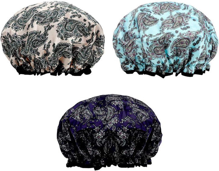 Prettydate 3 Packs Double Layer Shower Cap Waterproof Elastic Bath Cap for Women Shower Spa Salon
