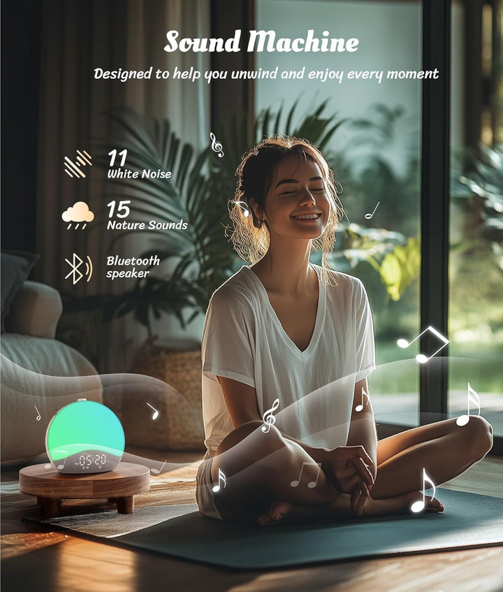 Sunrise Alarm Clock, White Noise Machine, Bluetooth Sync, 26 Sounds, 17 Night Lights, Upgraded Backlit Button, Sunrise/Sunset Simulation, Wake up Light for Heavy Sleeper, Elderly, Kid
