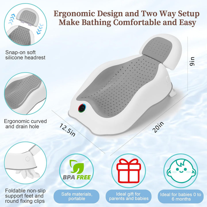 Baby Bath Seat Newborn Bath Seat with Thermometer,Foldable Baby Bath Support 0-6 Months Bath Seat,Travel Bath Chair for Bathtub,Baby Essential Newborn Essential(Grey)