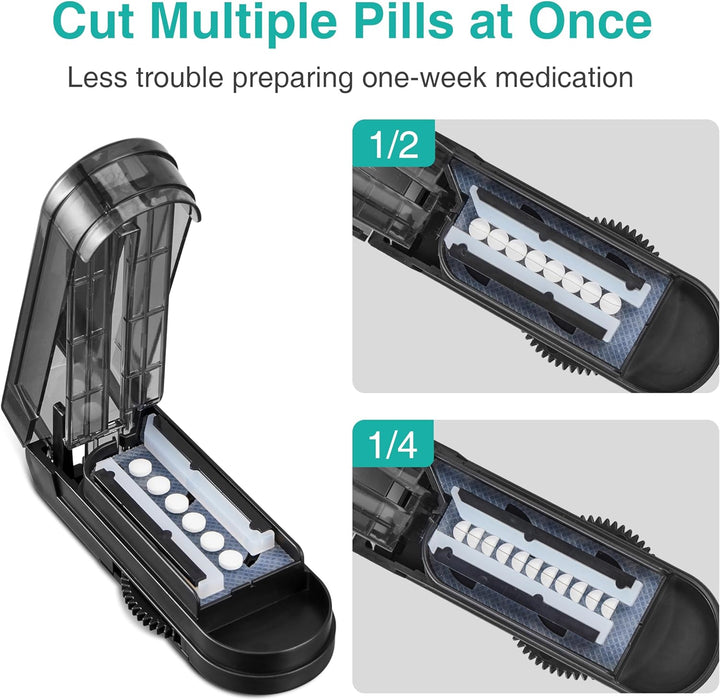 Multiple Pill Cutter, Adjustable Pill Cutter for Small Pills with Accurate Pill Alignment, Stainless Steel Cutting Blade & Blade Guard, Pill Splitter with Free Brush & Pill Box (Black)