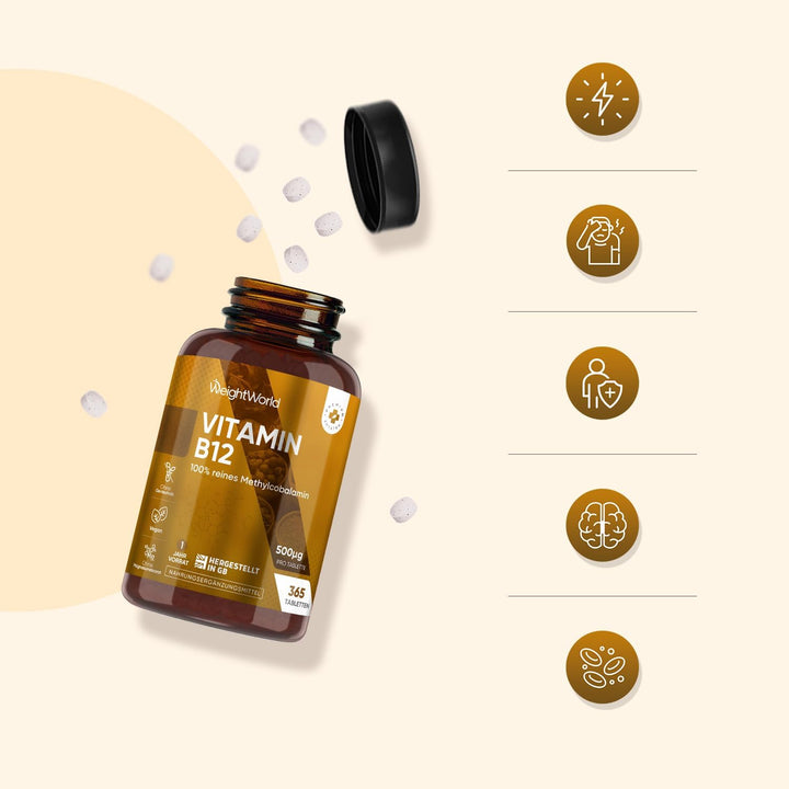 Vitamin B12 500Mcg | Vegan | 365 B12 Vitamin Tablets (1 Year Supply) | 100% Pure Methylcobalamin Tablets | Gluten-Free | Made in the UK