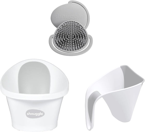 Newborn Baby Bath Starter Bundle | the Perfect Baby Bath Partnership | Baby Bath, Rinse Jug & Bath Brush | White/Grey