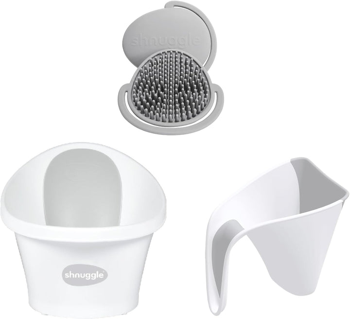 Newborn Baby Bath Starter Bundle | the Perfect Baby Bath Partnership | Baby Bath, Rinse Jug & Bath Brush | White/Grey